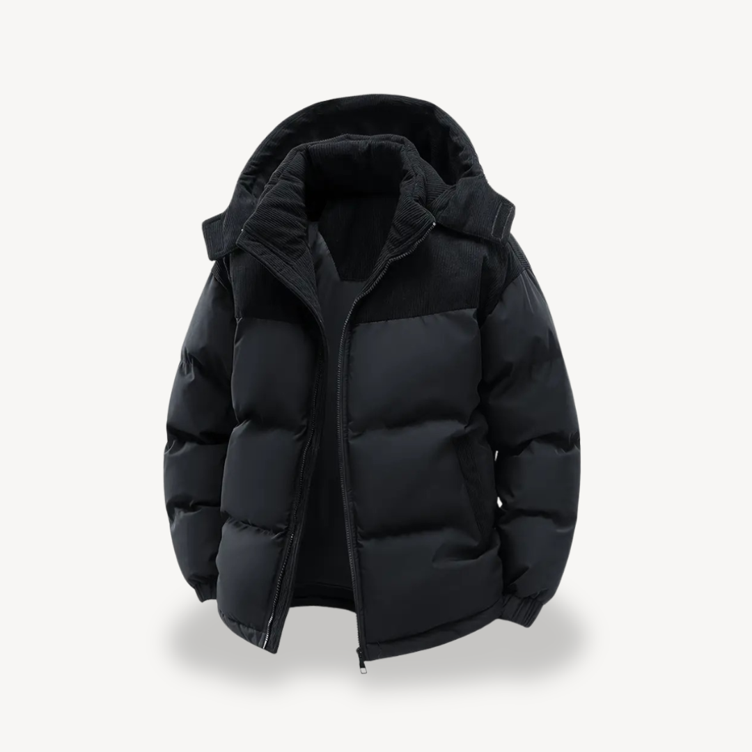 Mens Puffer Jacket with Corduroy Hood | Trendy