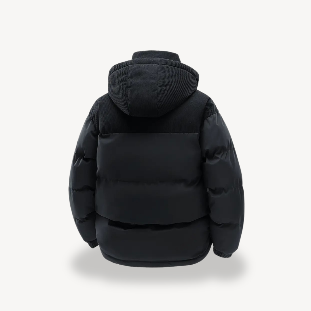 Mens Puffer Jacket with Corduroy Hood | Trendy