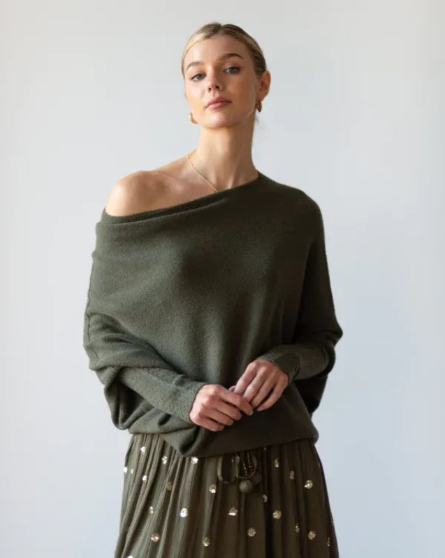 Women’s Off-Shoulder Knit with Swing Collar | Refined Look