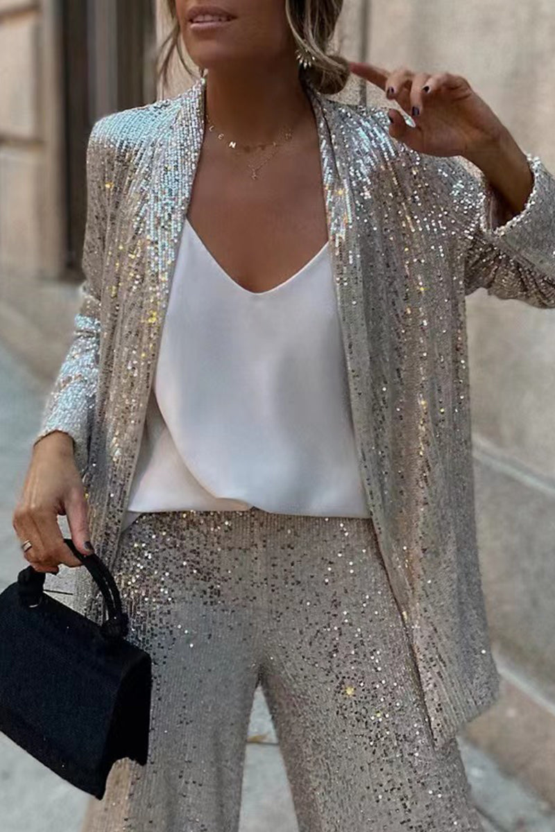 Women's Sequin Suit | Tailored Blazer & High-Waisted Wide-Leg Trousers