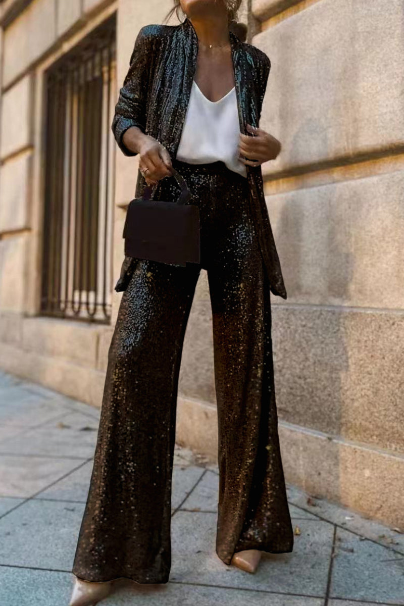 Women's Sequin Suit | Tailored Blazer & High-Waisted Wide-Leg Trousers