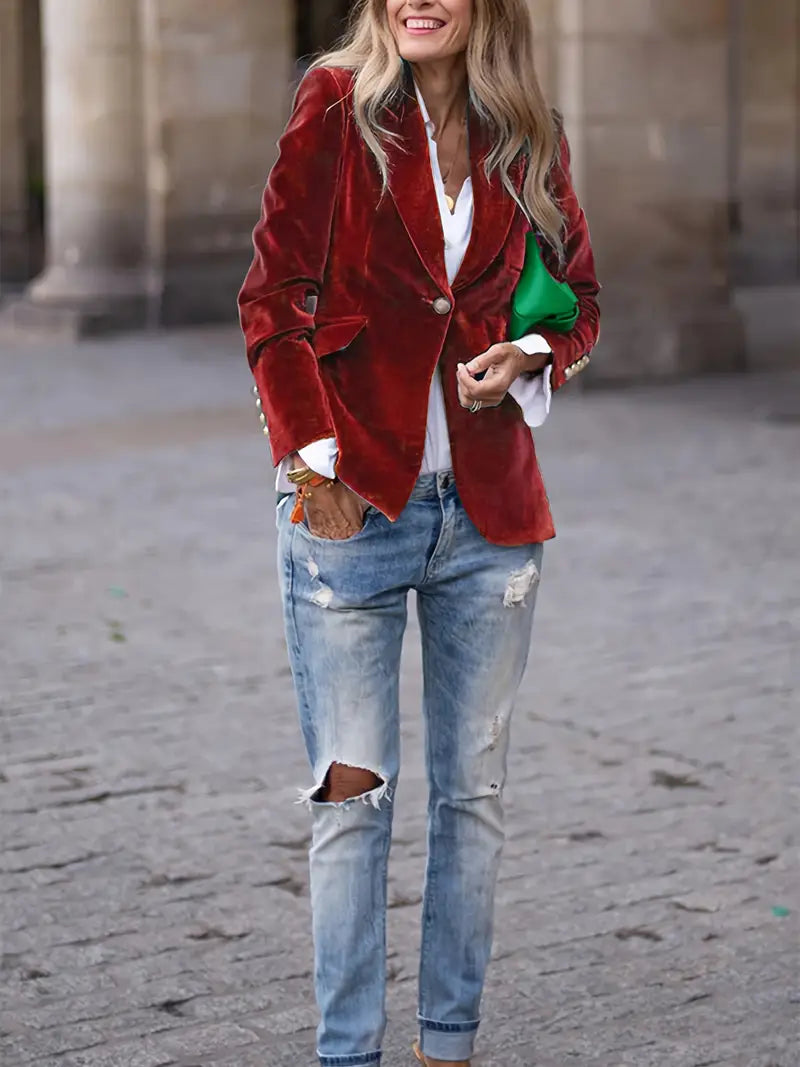 Womens Blazer with Gold Buttons and Sharp Lapels | Elegant