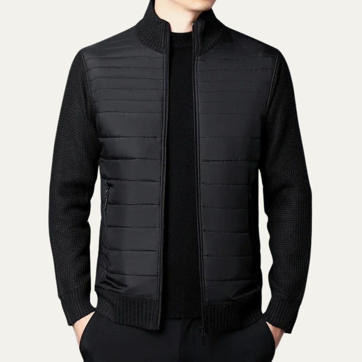 Men’s Quilted Zip-Up Cardigan | Padded Front & Knitted Sleeves