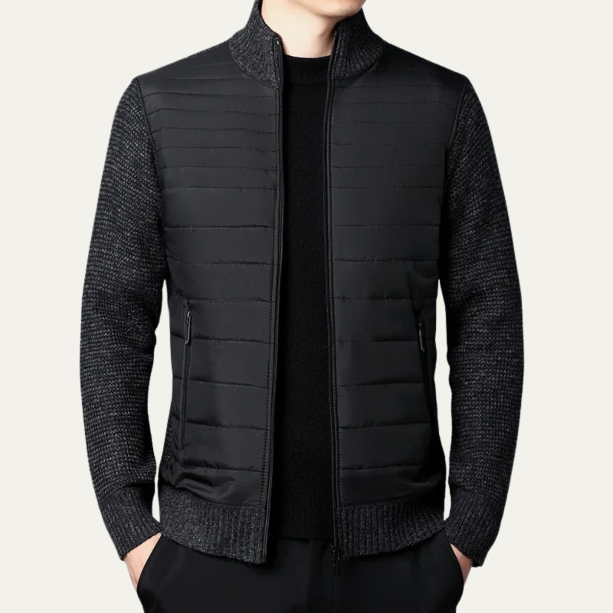Men’s Quilted Zip-Up Cardigan | Padded Front & Knitted Sleeves