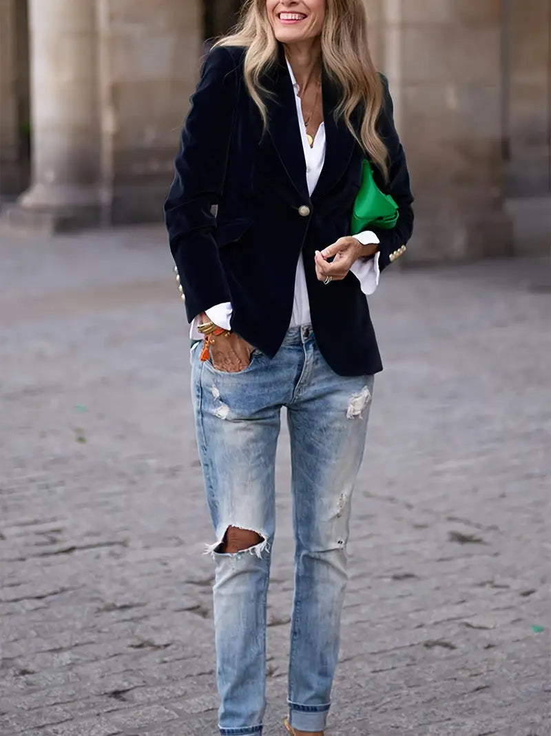 Womens Blazer with Gold Buttons and Sharp Lapels | Elegant