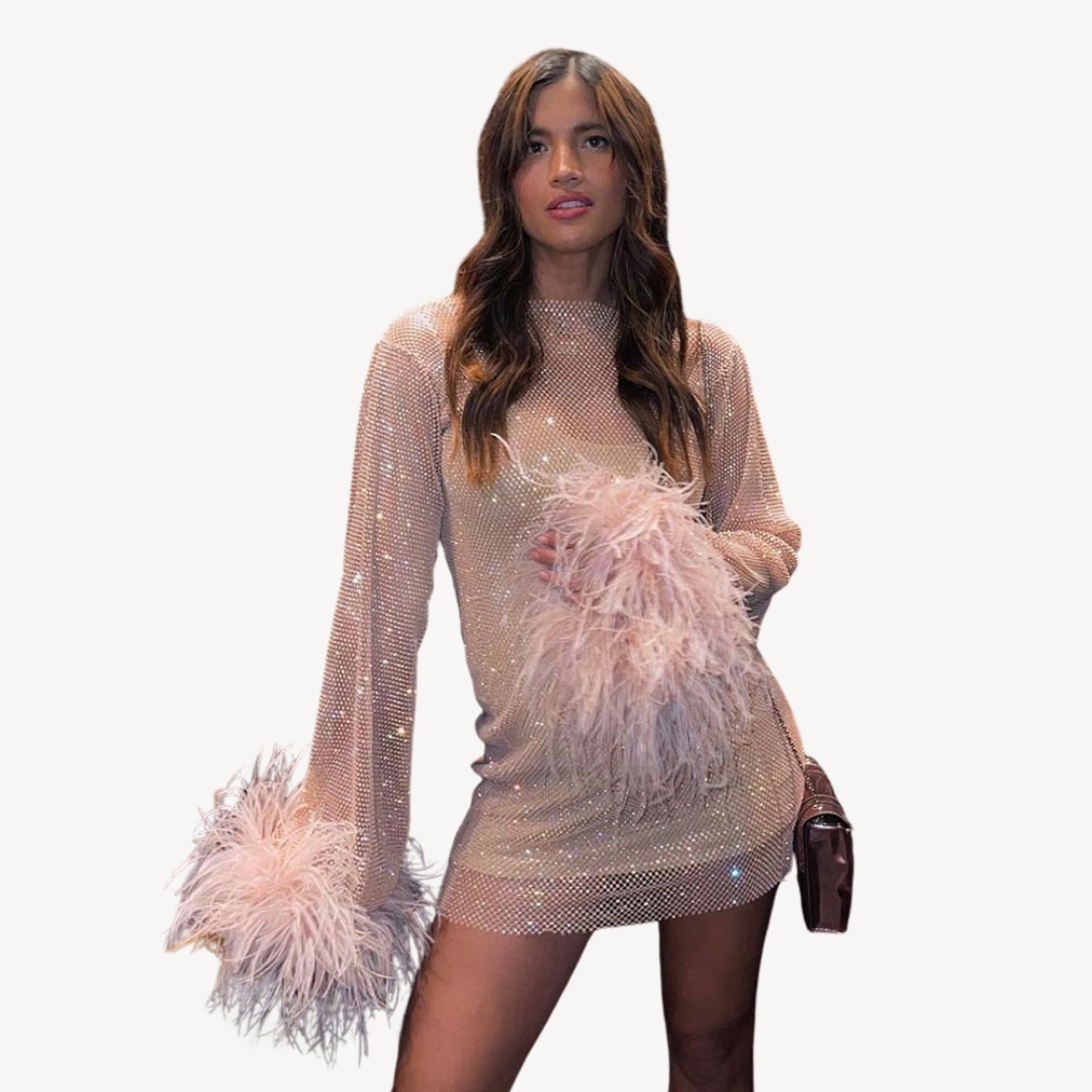 Women’s Feather Detail Evening Dress | Sequined Mesh Design