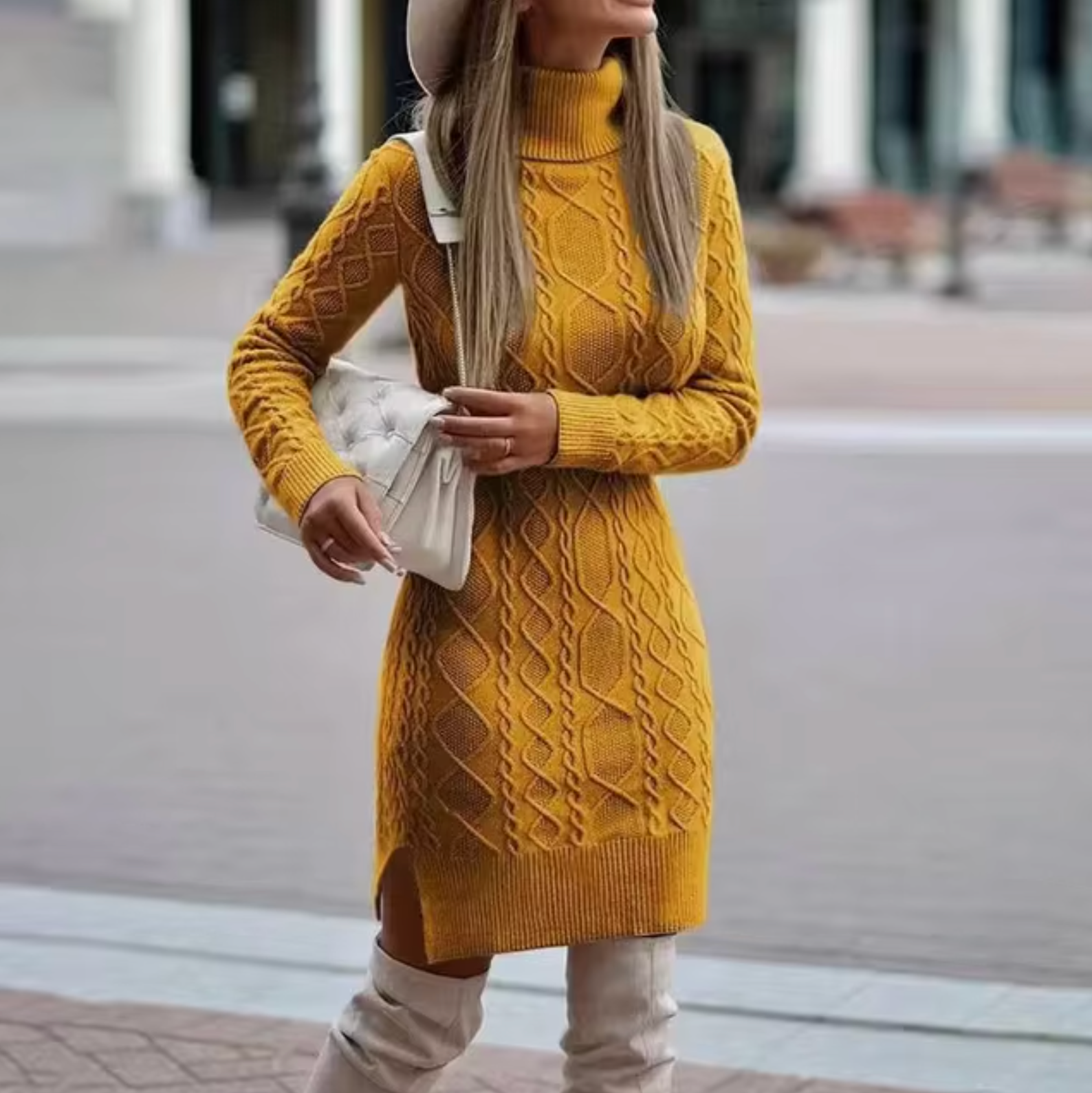 Women’s Knitted Jumper Dress | Roll Neck with Cable Knit Pattern