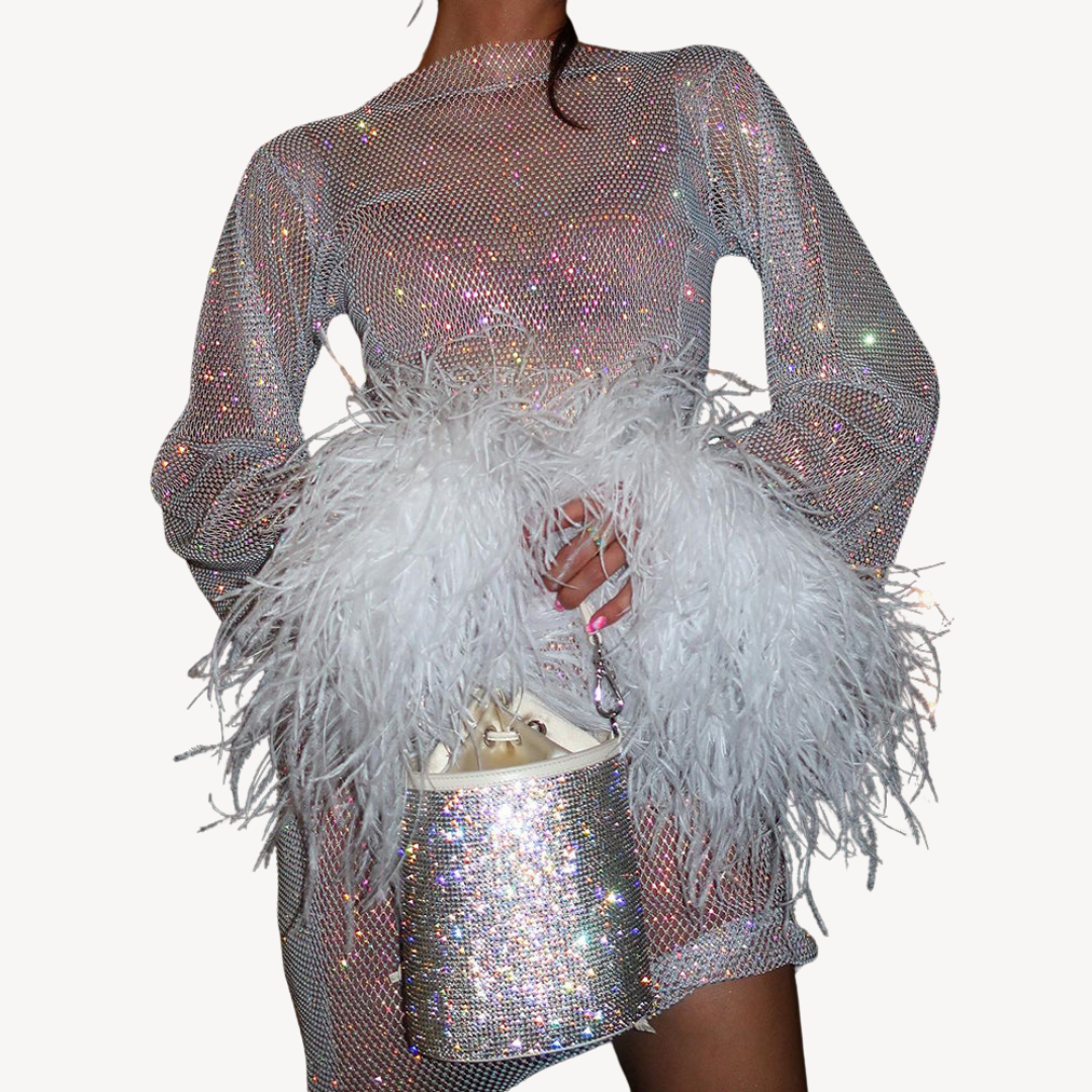 Women’s Feather Detail Evening Dress | Sequined Mesh Design
