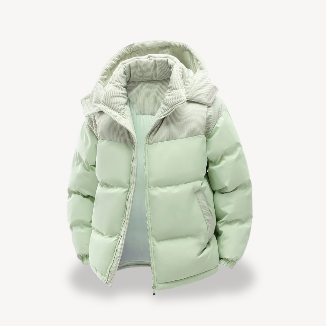 Mens Puffer Jacket with Corduroy Hood | Trendy