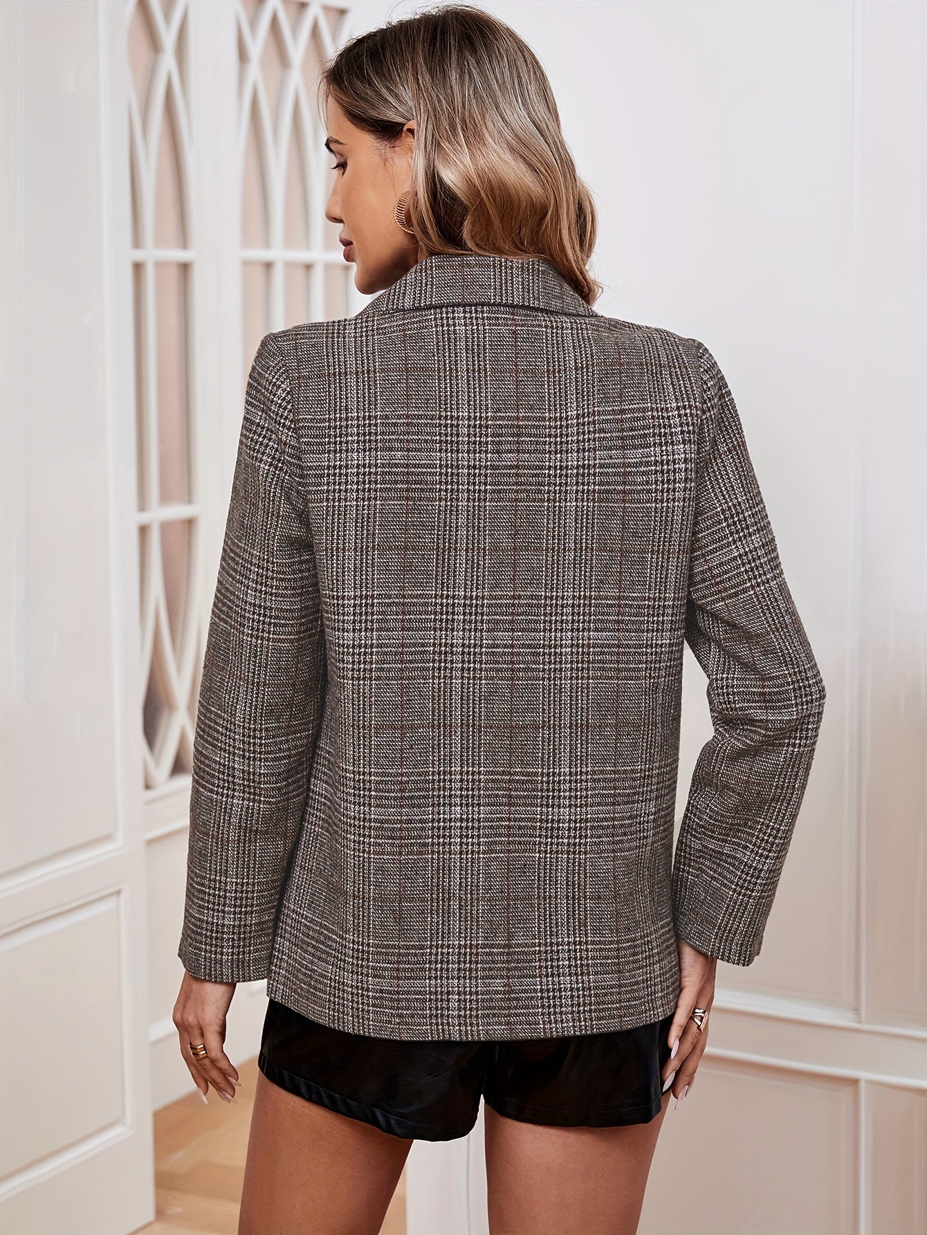 Women’s Checked Business Blazer | Long with Notched Lapel