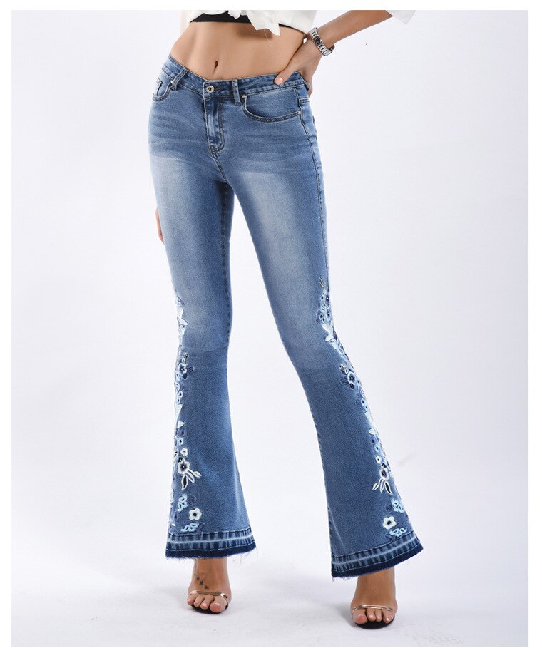 Women’s Wide Leg Jeans | Winter Flared with Floral Accents