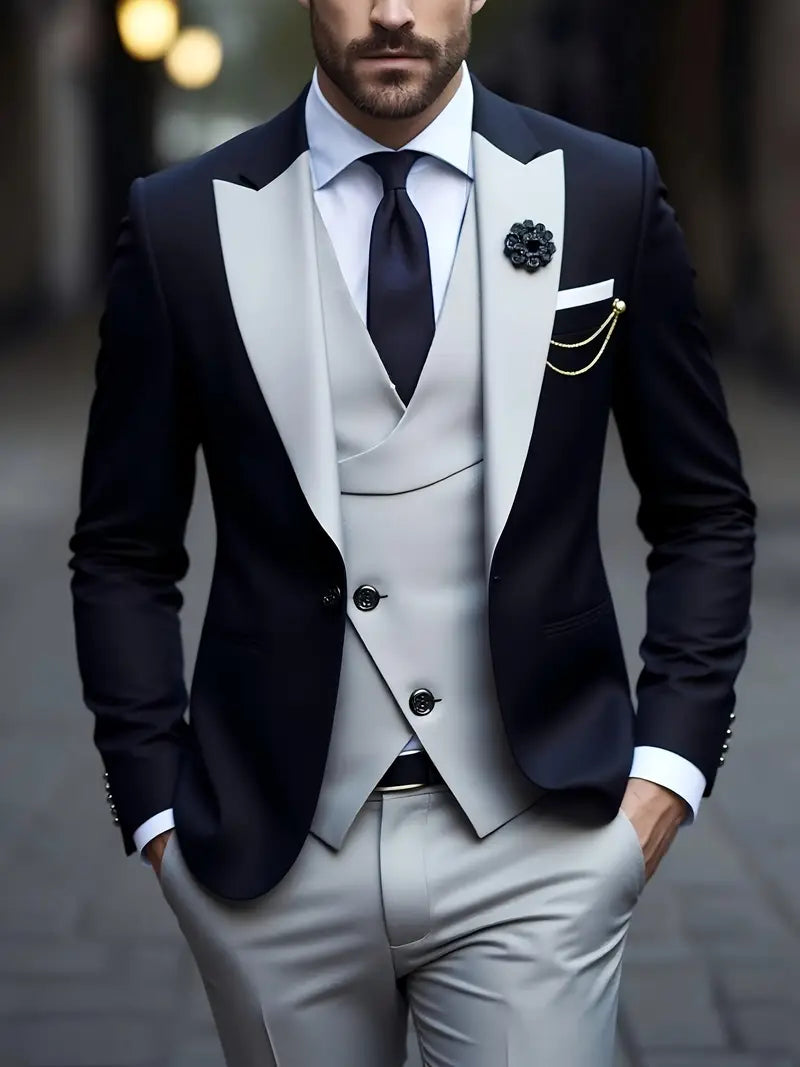 Men’s Tailored Three-Piece Tuxedo Suit | Contrast Lapel Design