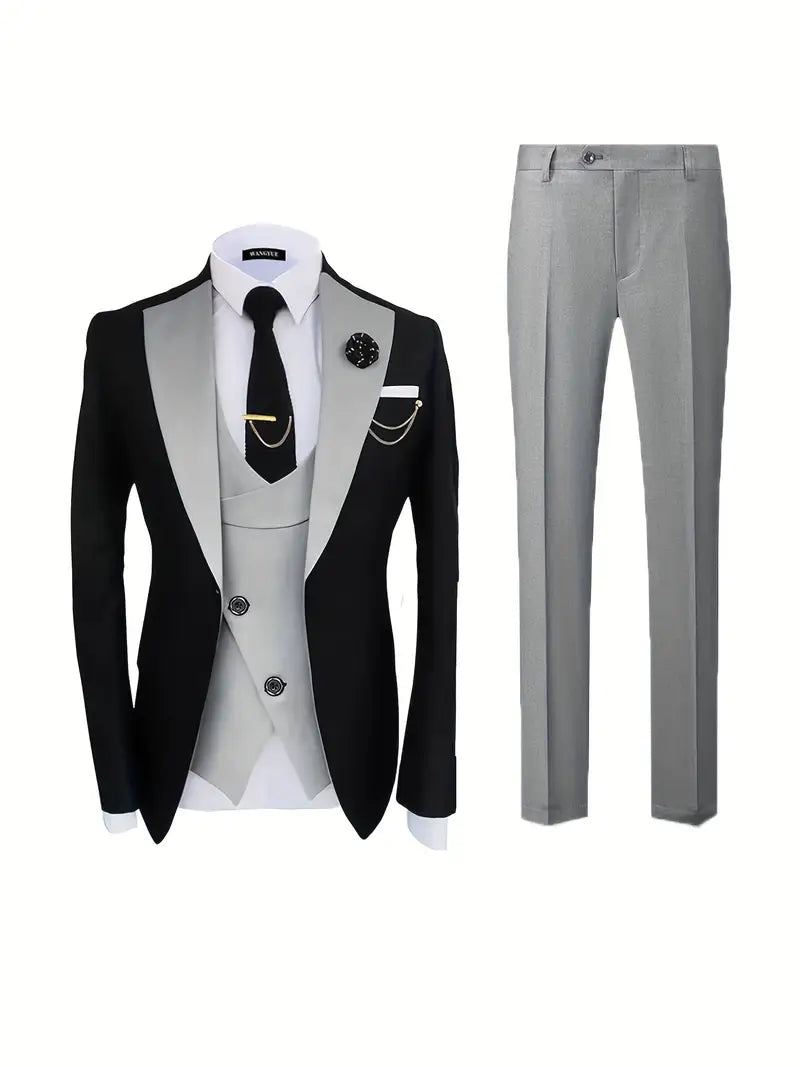 Men’s Tailored Three-Piece Tuxedo Suit | Contrast Lapel Design