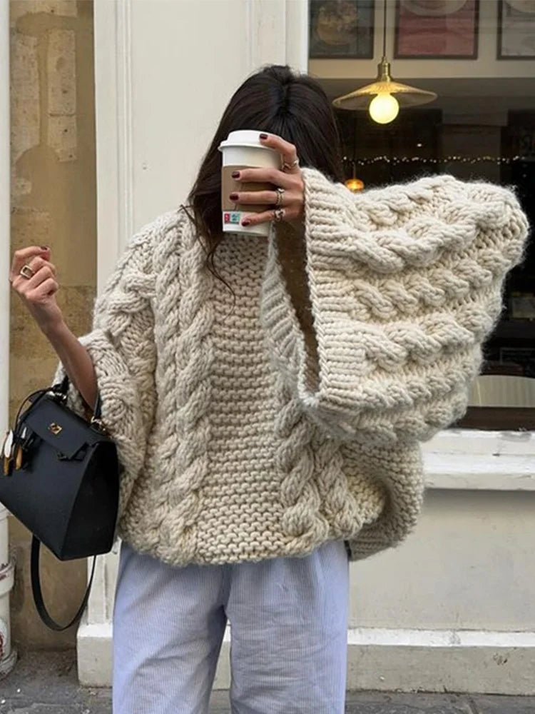 Women’s Oversized Knitted Jumper | Cable Knit Pattern with Balloon Sleeves