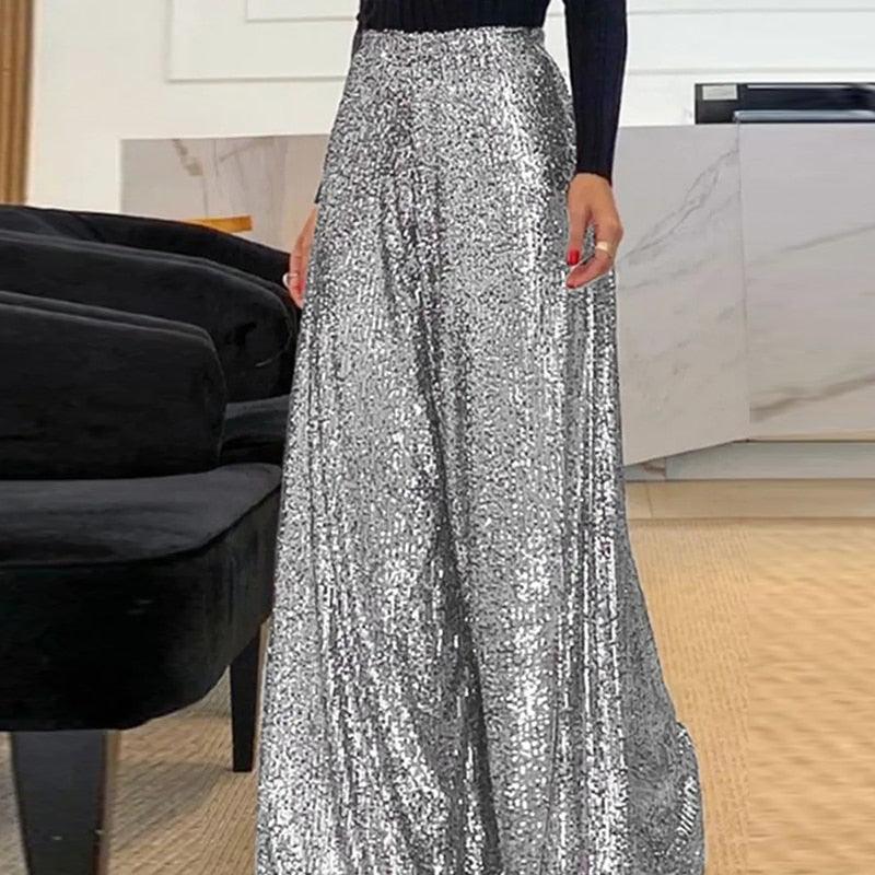 Women’s High-Waisted Sequin Trousers | Wide-Leg Winter Style