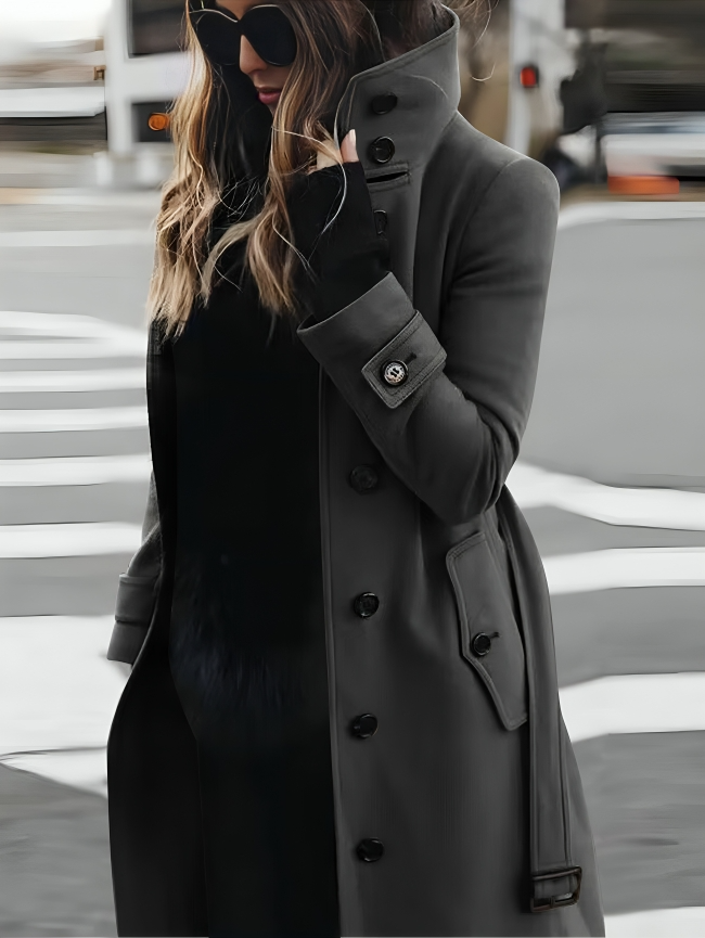 Women's Long Coat with High Collar and Tie-Belt | Stylish