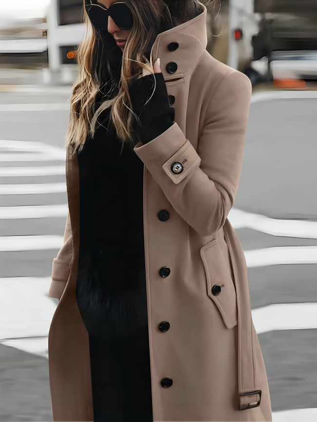 Women's Long Coat with High Collar and Tie-Belt | Stylish