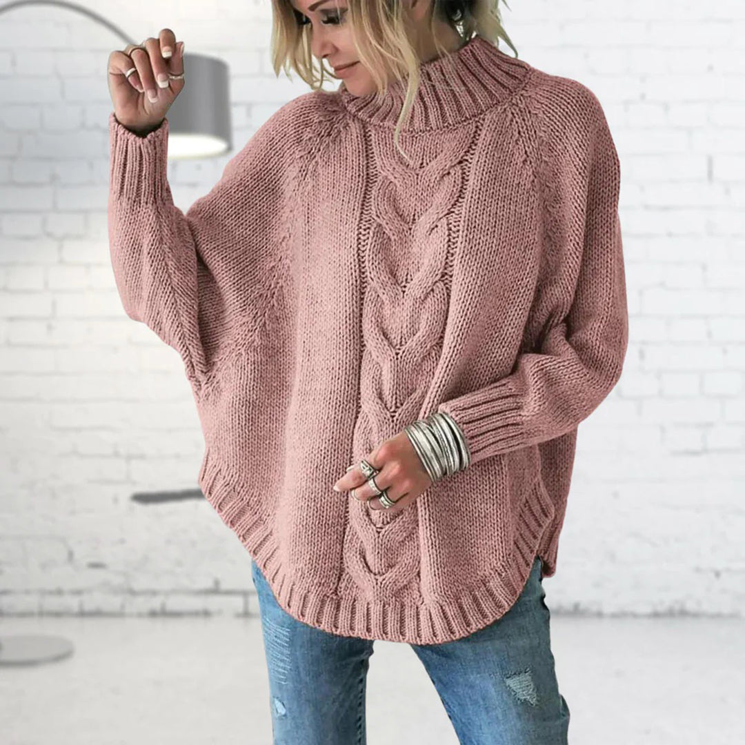 Women's Knitted Jumper | Funnel Collar with Cable Knit Pattern