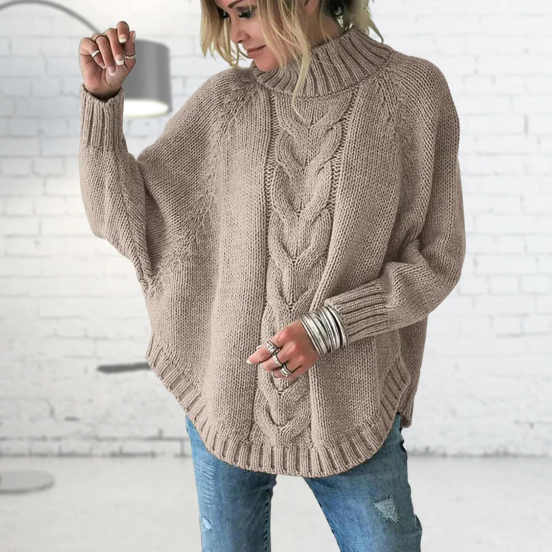 Women's Knitted Jumper | Funnel Collar with Cable Knit Pattern