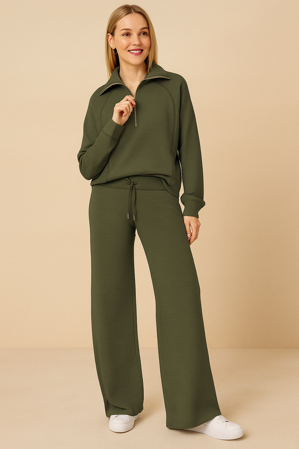 Women’s Stylish Two-Piece Tracksuit Set | Half-Zip & Wide-Leg Trousers