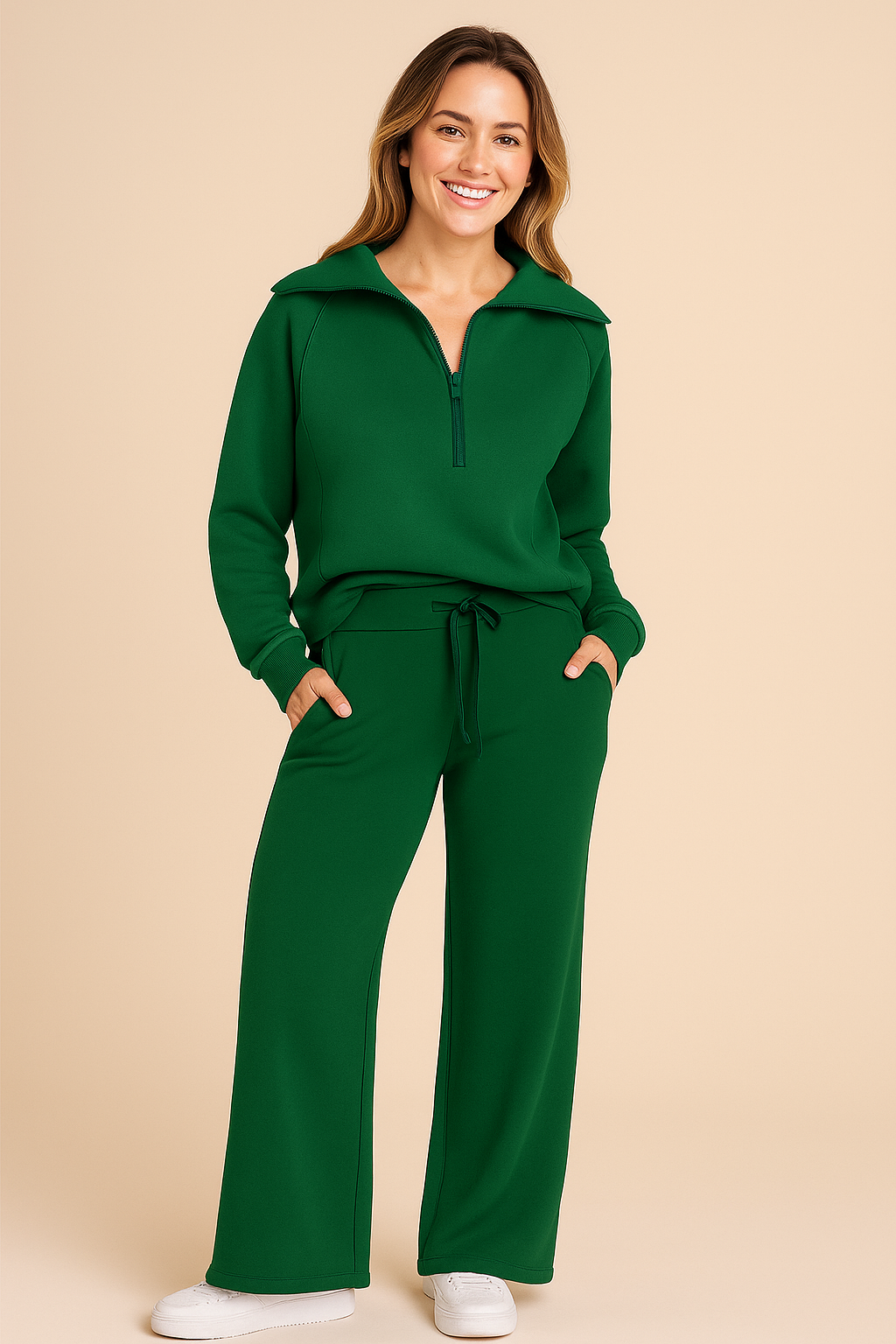 Women’s Stylish Two-Piece Tracksuit Set | Half-Zip & Wide-Leg Trousers