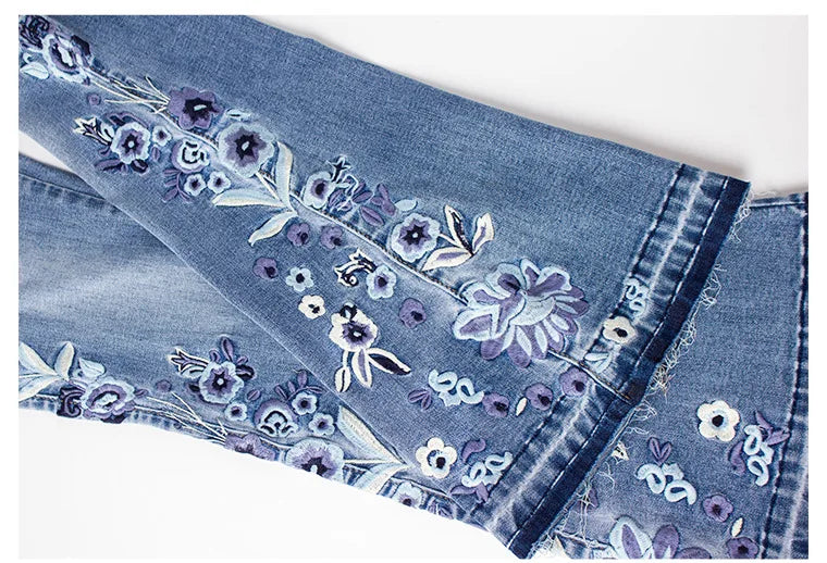 Women’s Wide Leg Jeans | Winter Flared with Floral Accents