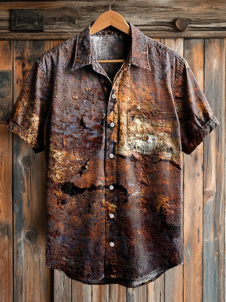 Chemise A Manches Courtes Pour Homme Avec Imprimé Rouille Vintage & Poche | Décontractée, Loisirs