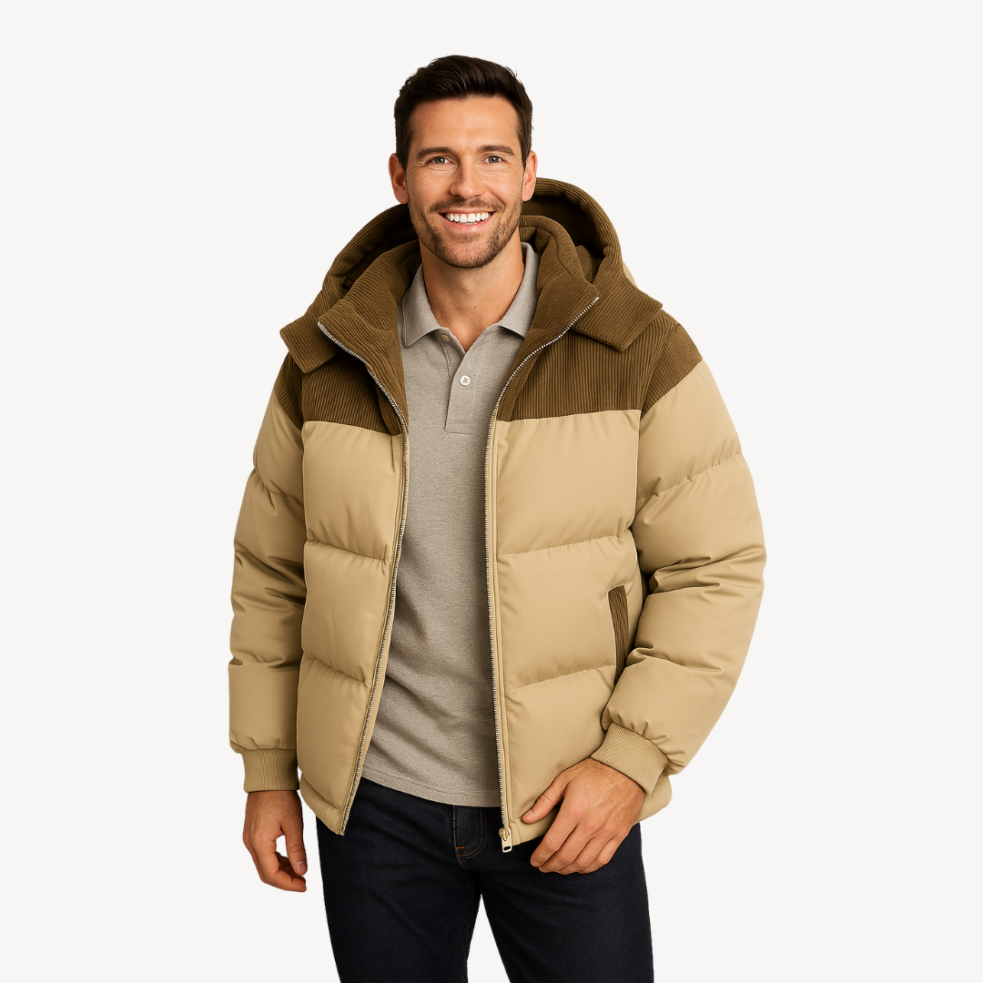 Mens Puffer Jacket with Corduroy Hood | Trendy