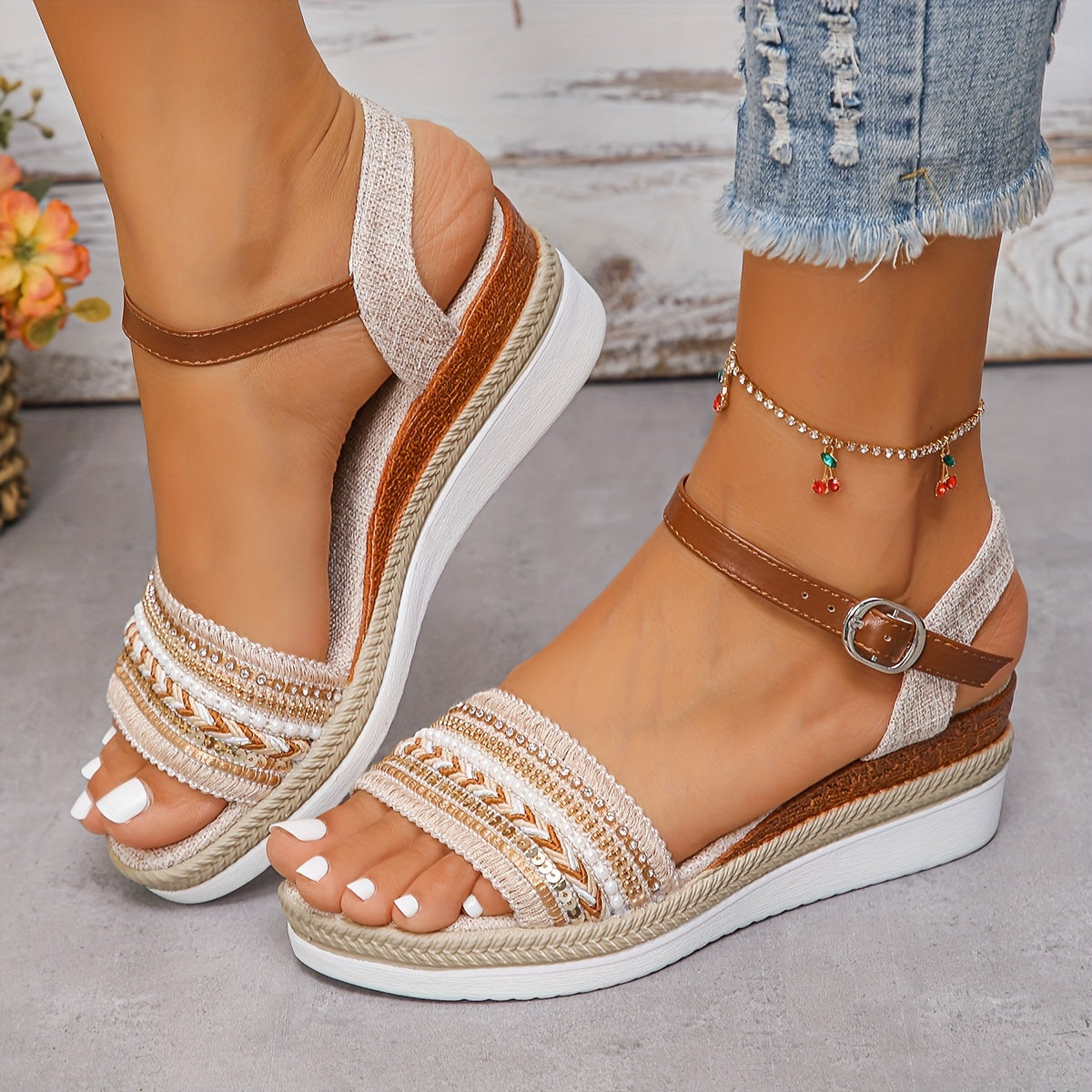 Sandales Chic Confortables Pour Femmes | Compensées Avec Strass