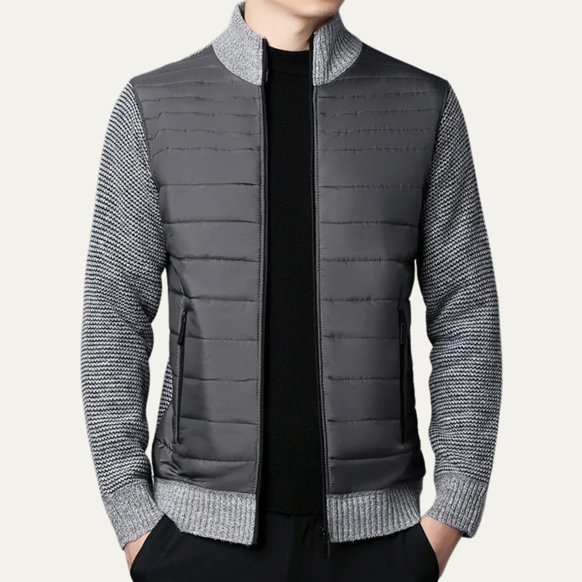 Men’s Quilted Zip-Up Cardigan | Padded Front & Knitted Sleeves