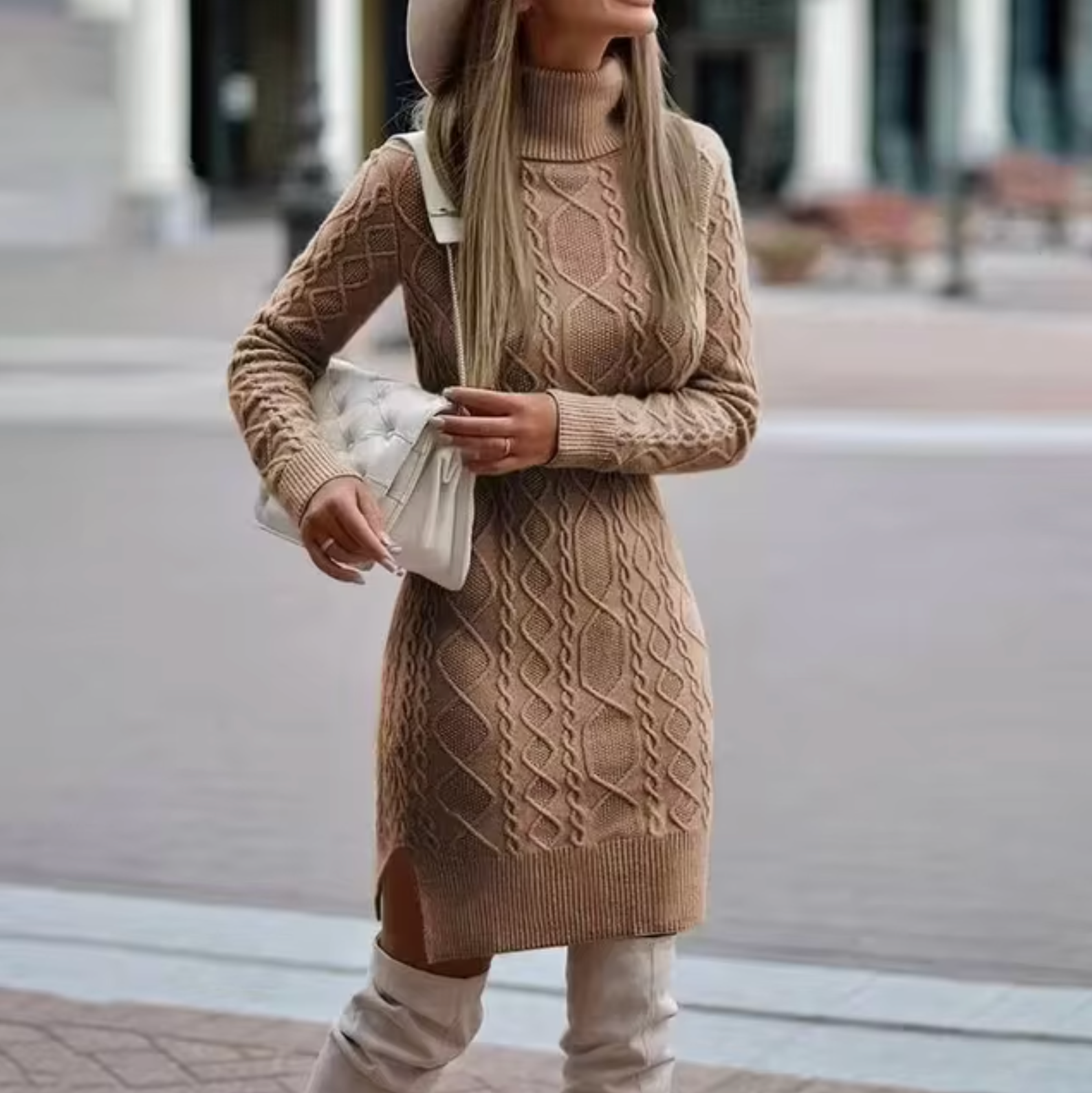 Women’s Knitted Jumper Dress | Roll Neck with Cable Knit Pattern