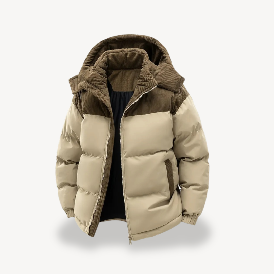 Mens Puffer Jacket with Corduroy Hood | Trendy