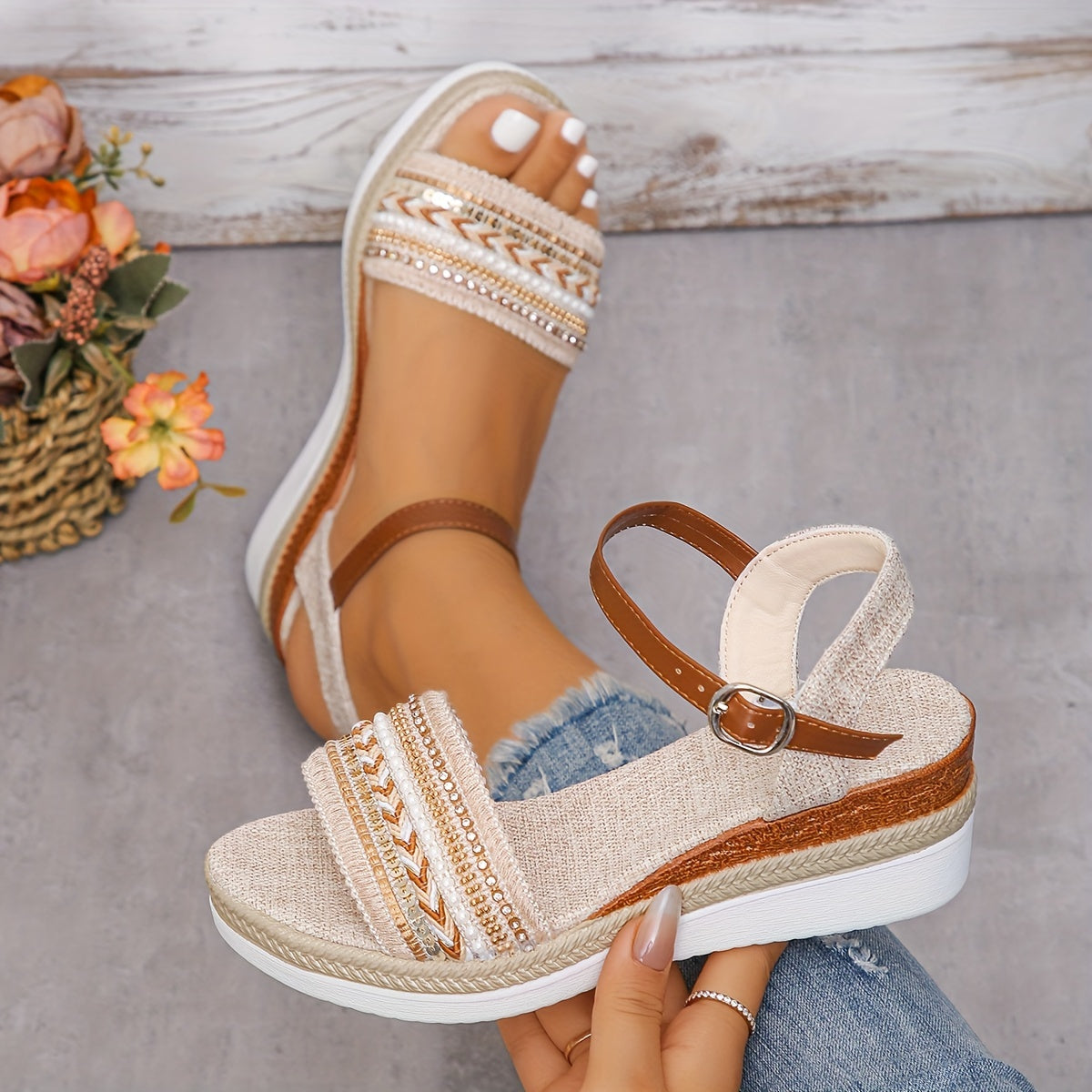 Sandales Chic Confortables Pour Femmes | Compensées Avec Strass