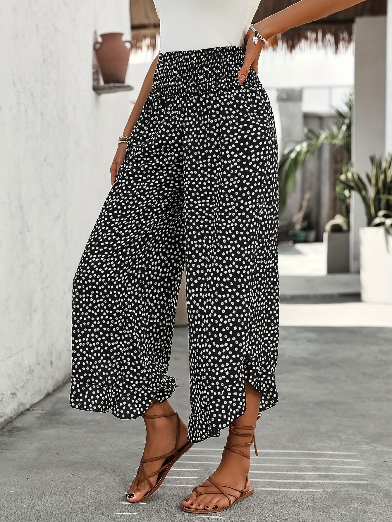 Autres Pantalons Éléguants Fleurs Taille Haute Pour Femmes | Fluide