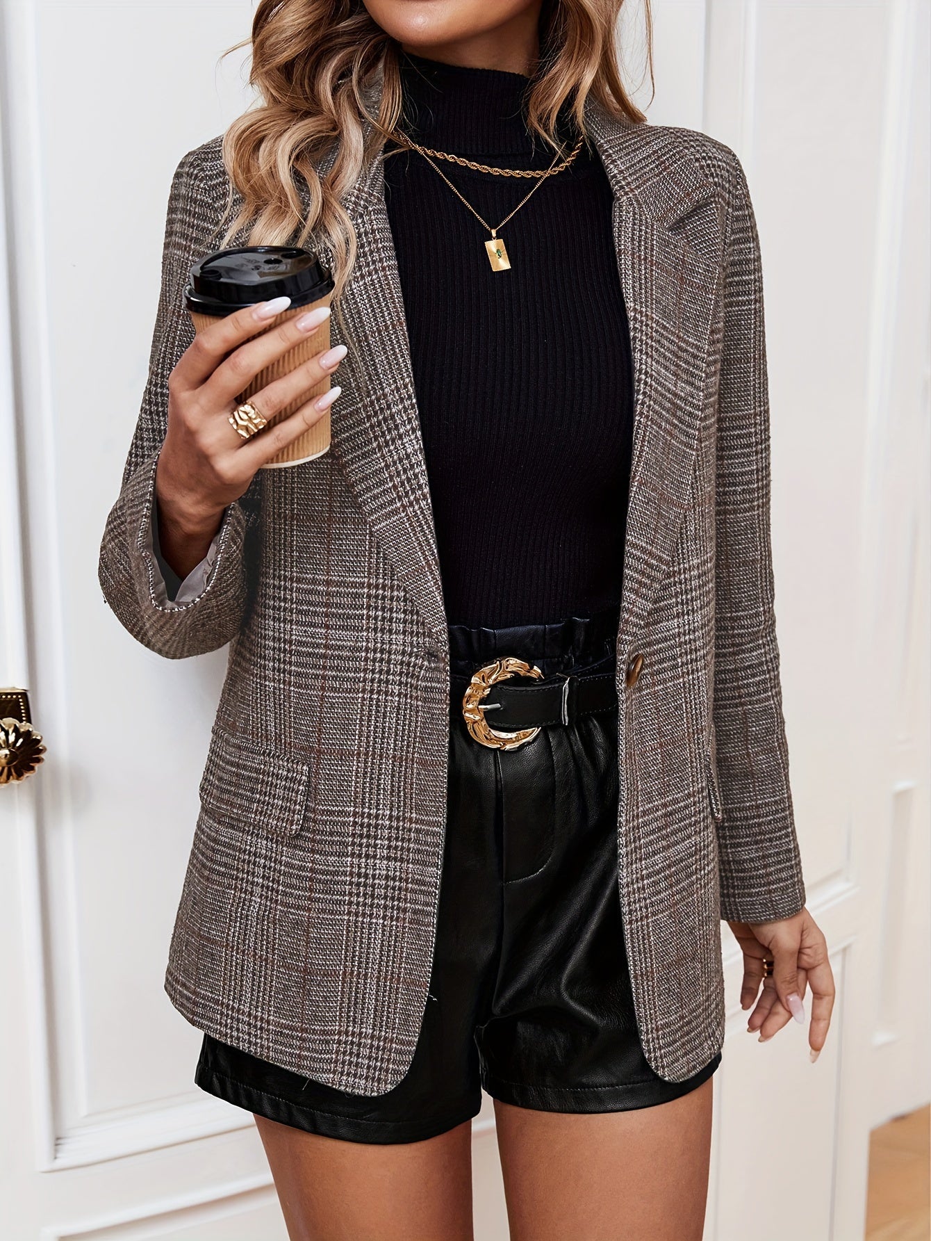 Women’s Checked Business Blazer | Long with Notched Lapel