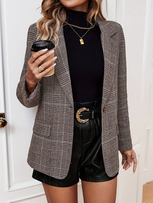 Women’s Checked Business Blazer | Long with Notched Lapel