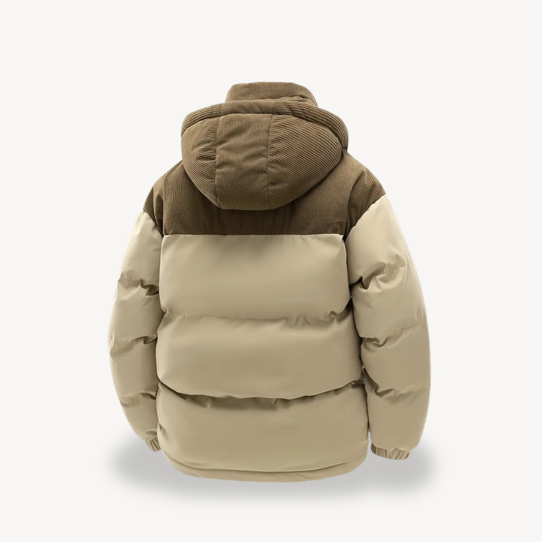 Mens Puffer Jacket with Corduroy Hood | Trendy
