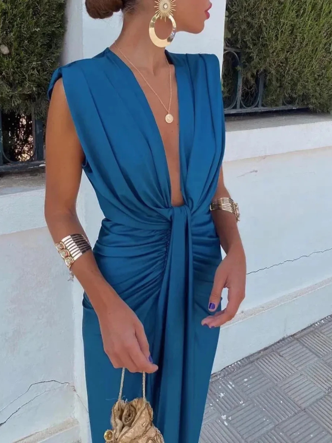 Robe Élégante Drapée pour Femmes | Décolleté en V Profond