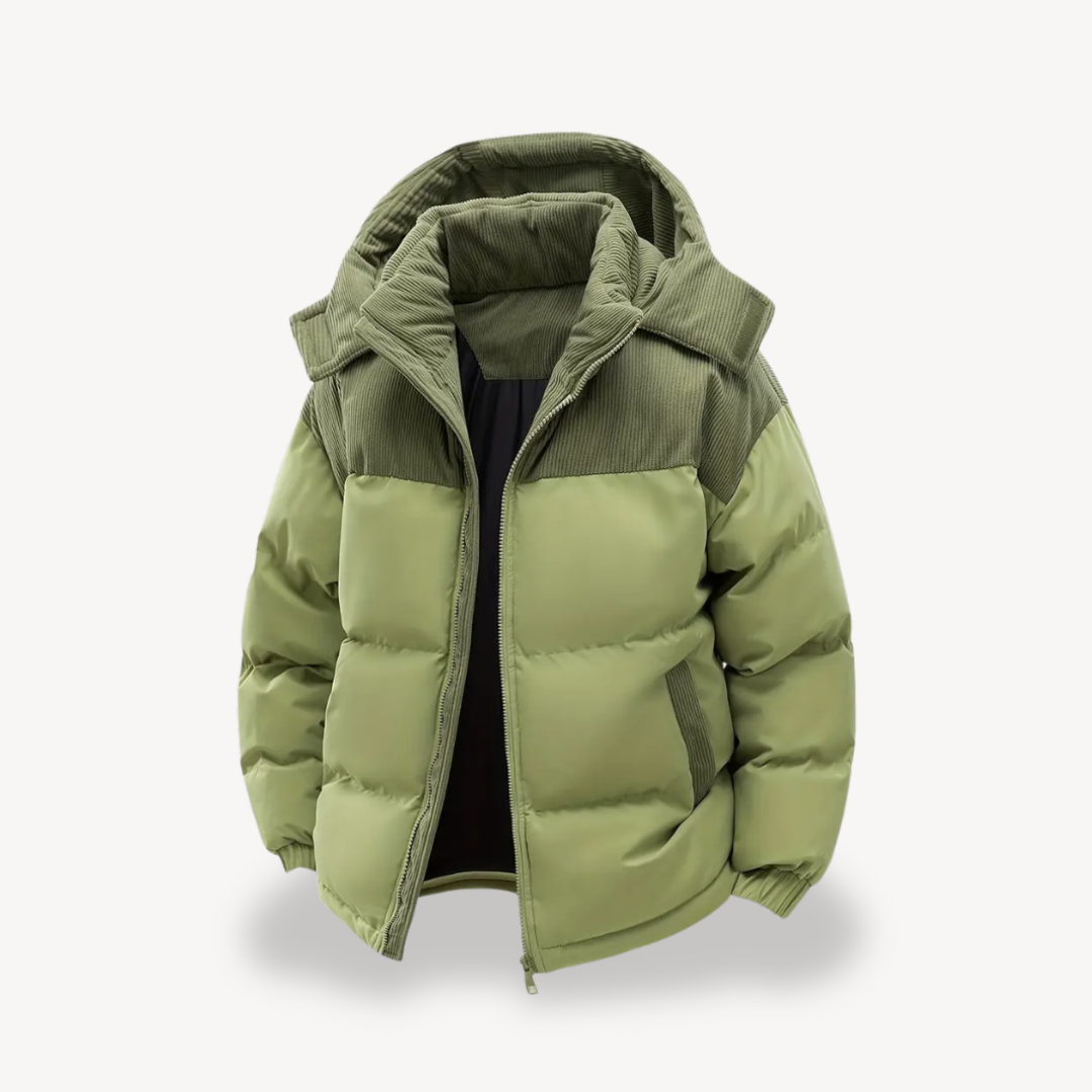 Mens Puffer Jacket with Corduroy Hood | Trendy