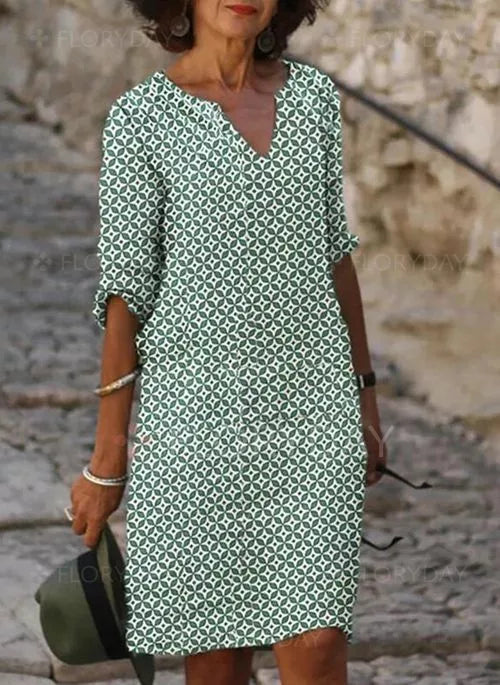 Women’s Mini Dress with Split Neckline and 3/4 Sleeves