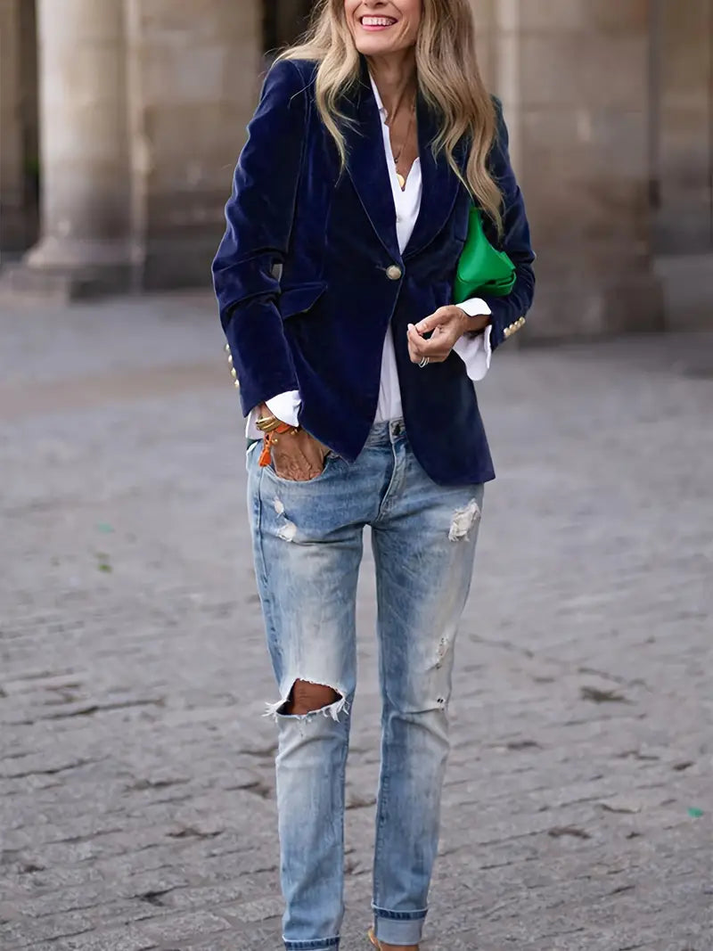 Womens Blazer with Gold Buttons and Sharp Lapels | Elegant