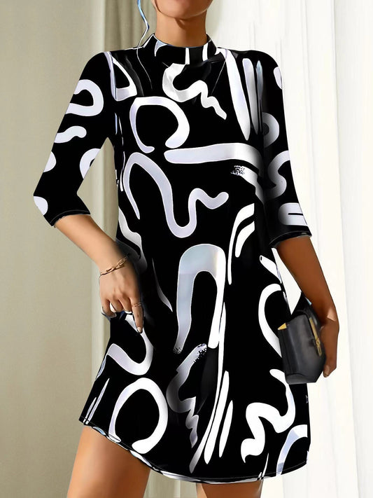 Women’s Mini Dress with Round Neck and 3/4 Sleeves