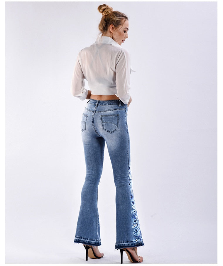 Women’s Wide Leg Jeans | Winter Flared with Floral Accents