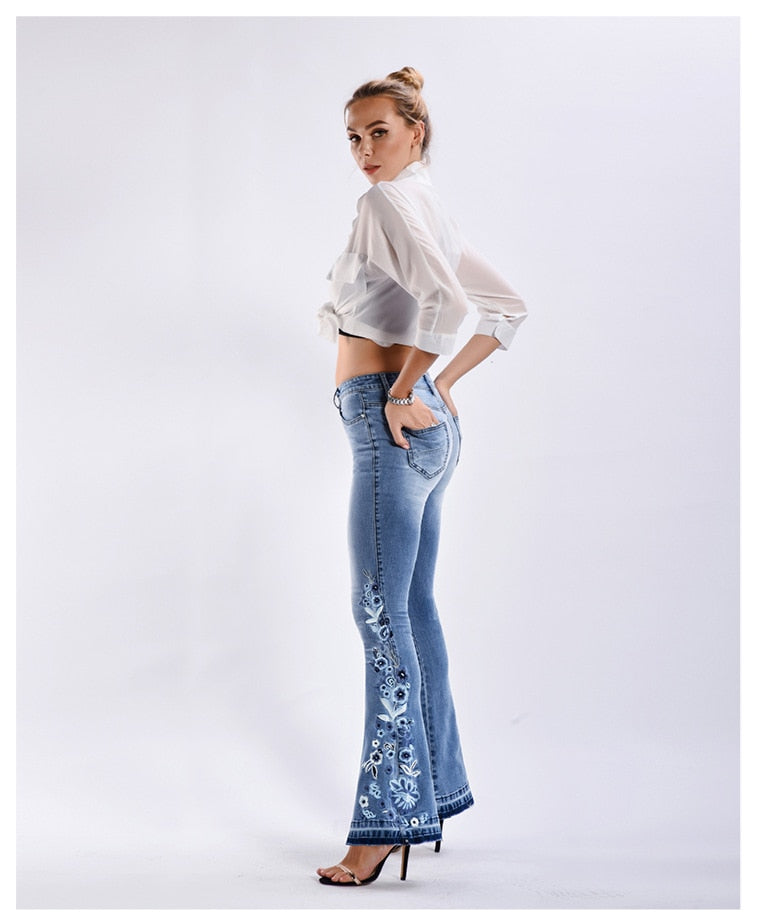 Women’s Wide Leg Jeans | Winter Flared with Floral Accents
