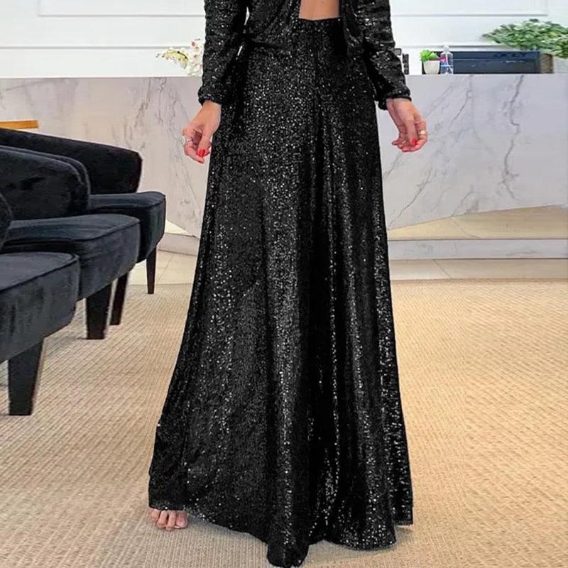Women’s High-Waisted Sequin Trousers | Wide-Leg Winter Style