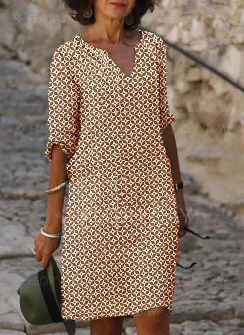 Women’s Mini Dress with Split Neckline and 3/4 Sleeves