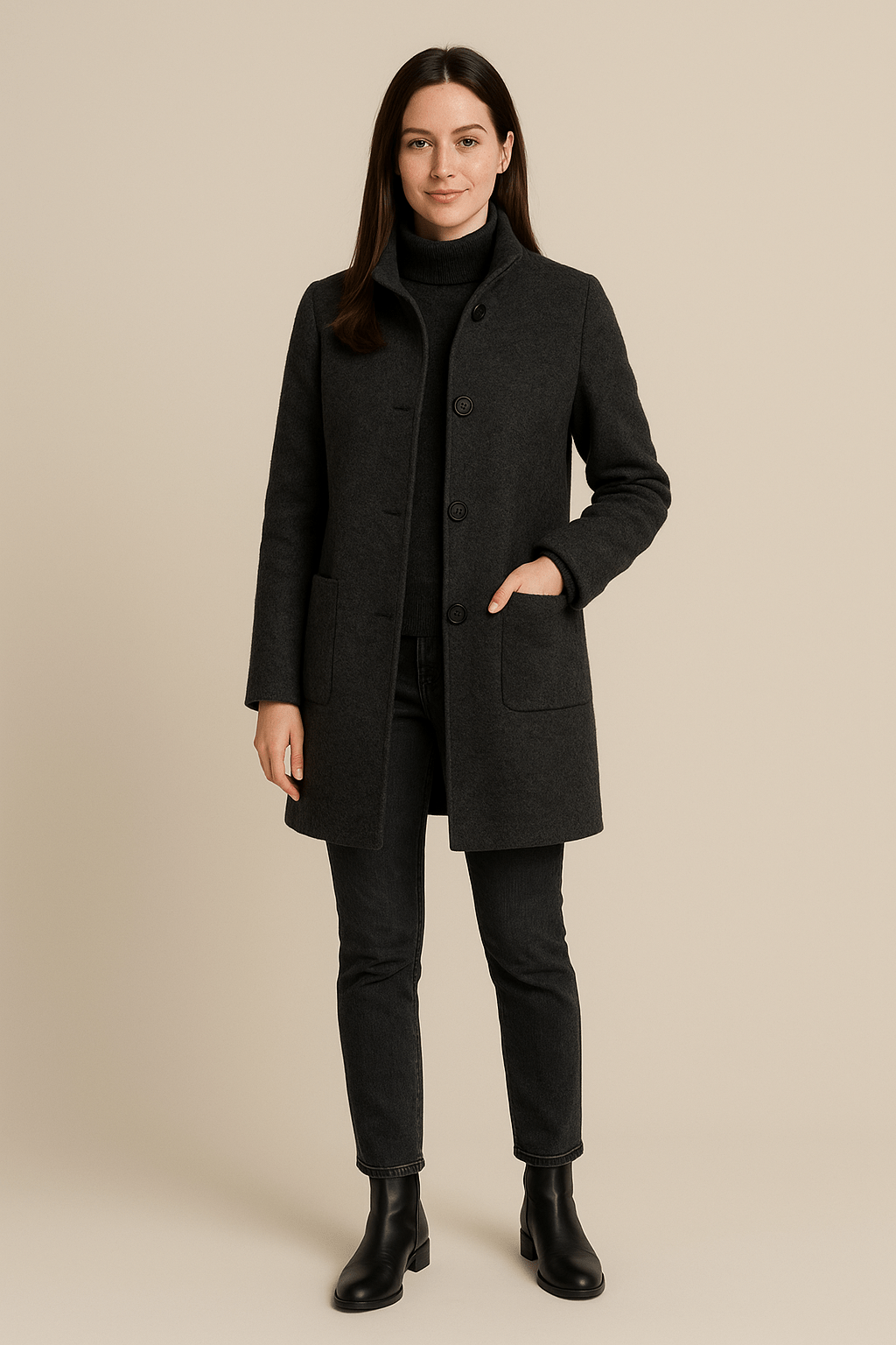 Women’s Stand-Collar Coat | Structured Design with Pockets