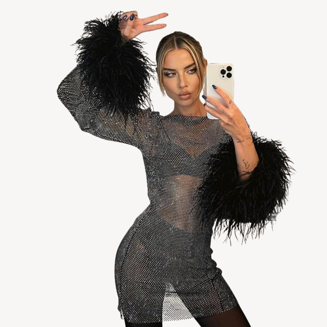 Women’s Feather Detail Evening Dress | Sequined Mesh Design