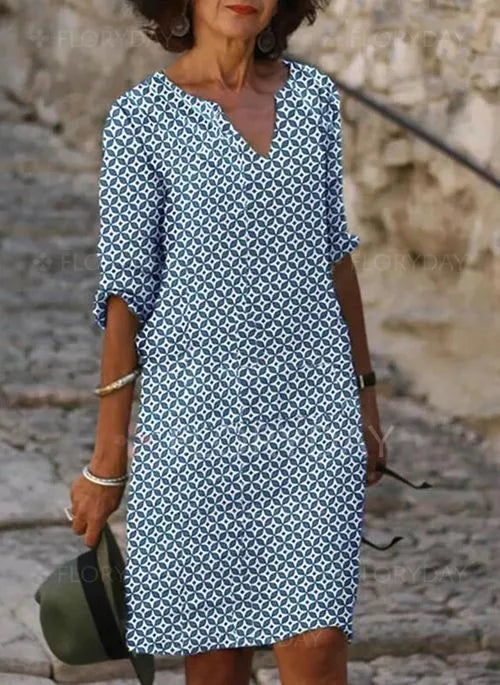 Women’s Mini Dress with Split Neckline and 3/4 Sleeves