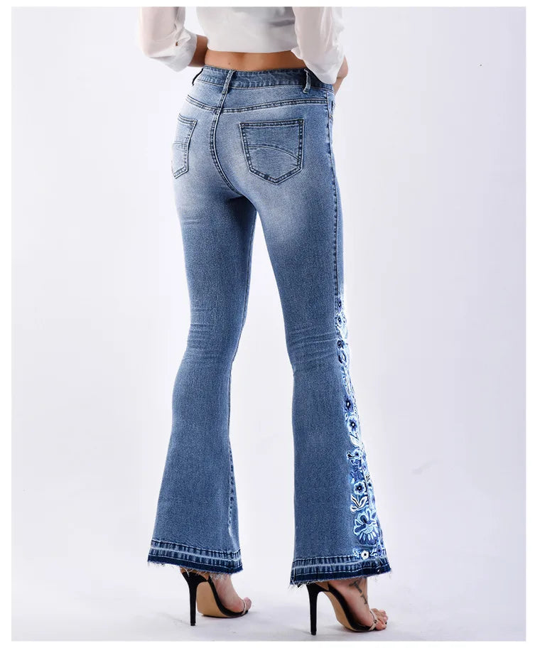 Women’s Wide Leg Jeans | Winter Flared with Floral Accents